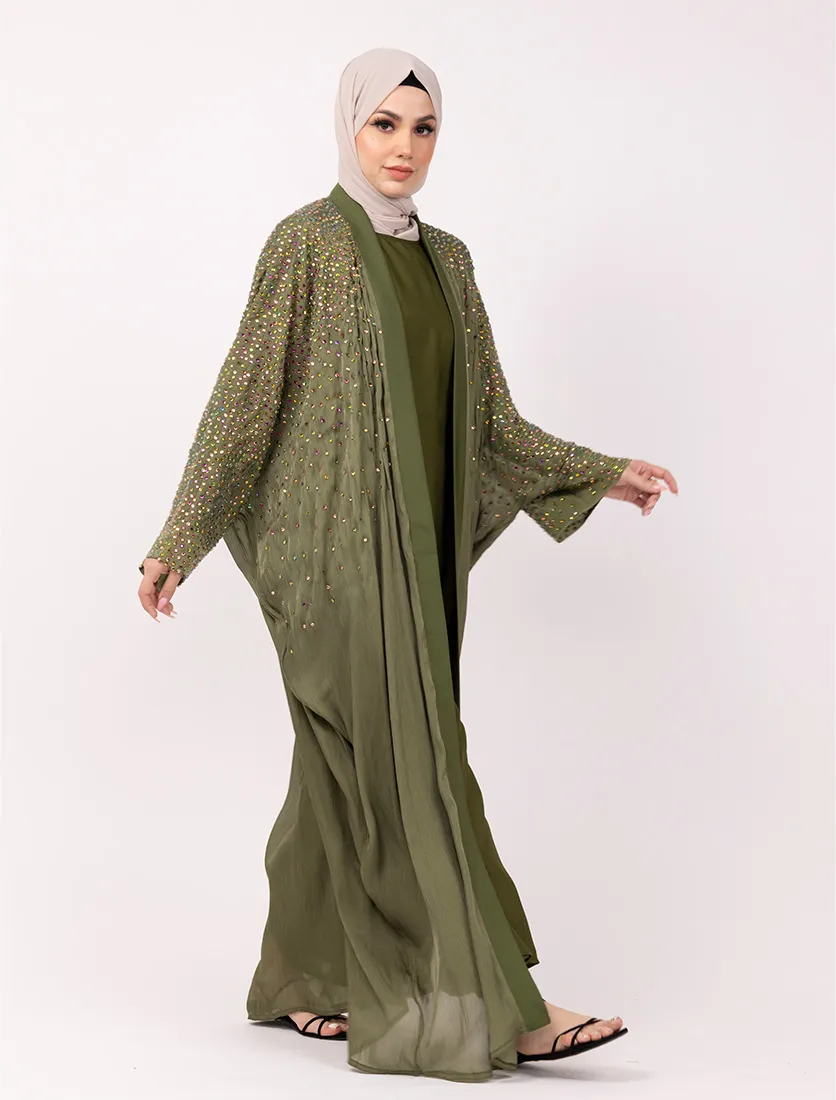 Olive Multi Crystal Embellished Sheer Overlay Abaya